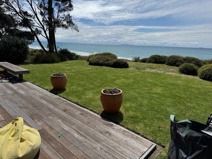Beachfront lawn mowed by Lawns A Plenty looking out over the Bay of Plenty